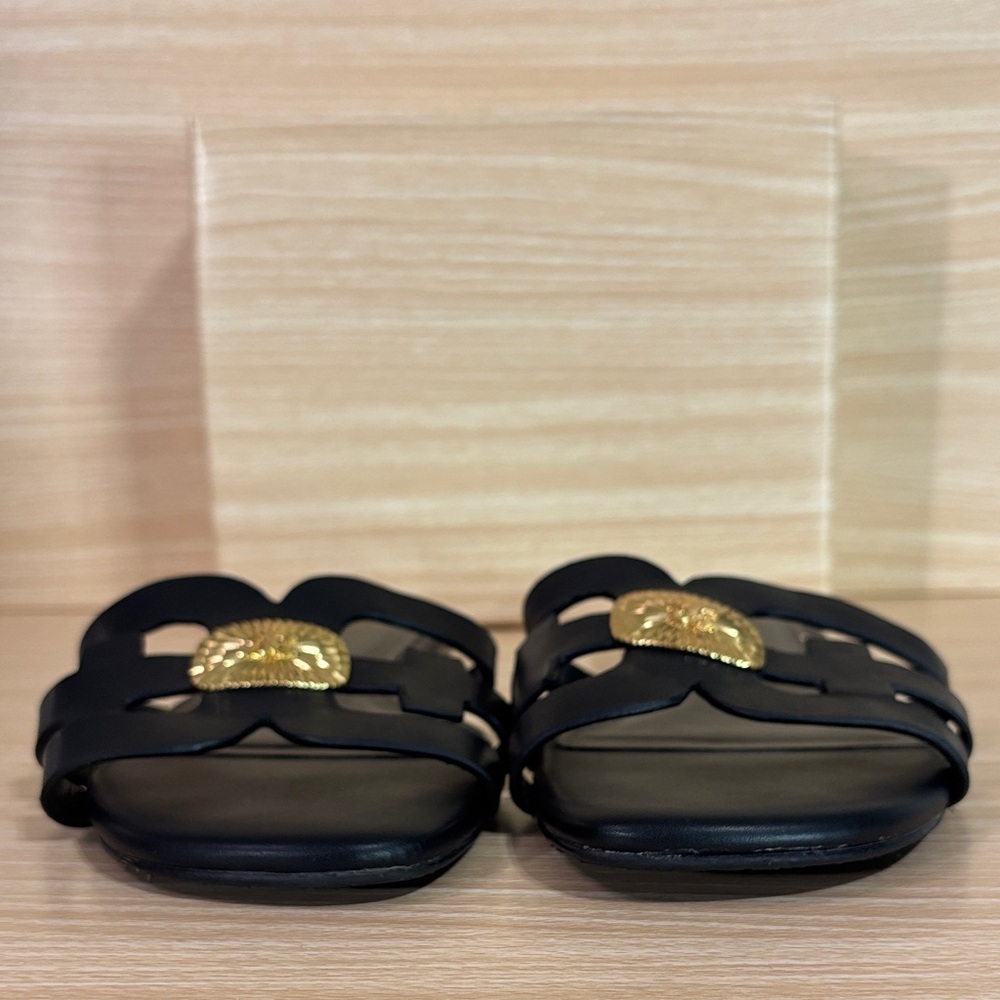 Sam Edelman Black Cutout Medallion Slide Sandals Gold Accent Size 8.5 - Picture 5 of 7